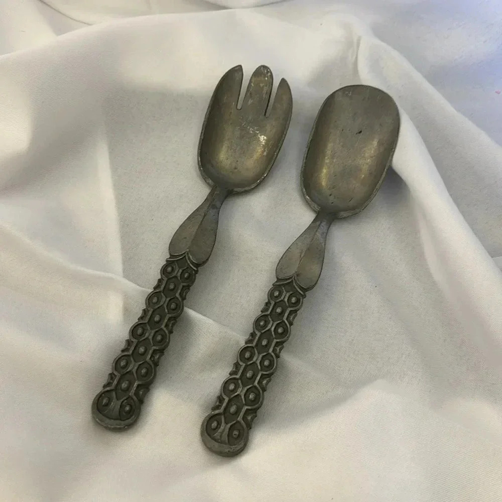 MID-CENTURY PEWTER SPOON FORK SERVING SET by David-Andersen Guttorm Gagnes 1960s